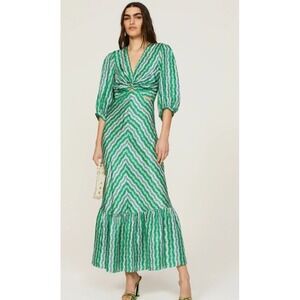 Sandro Agnetta Dress Maxi Satin Keyhole Green Floral Size 38 Medium *READ FLAW*